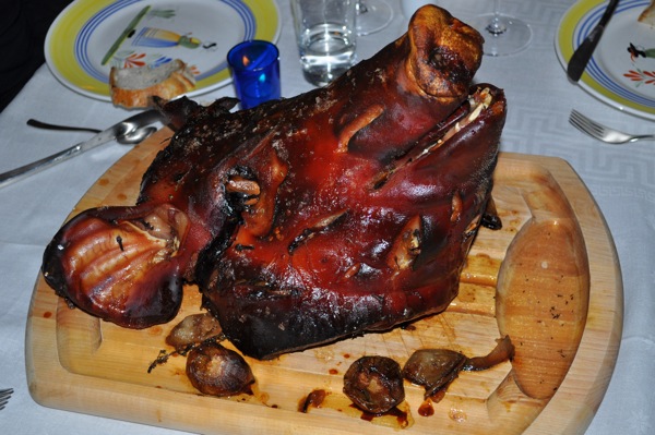 She was placed on a carving board in the middle of the dining table.